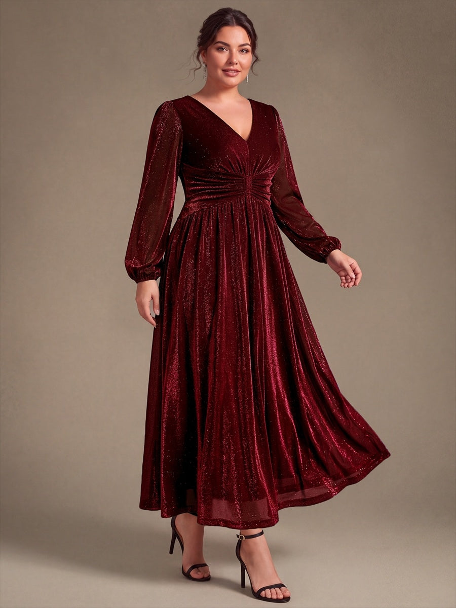 Plus Size Lurex Mesh Puff Sleeve Evening Dress #color_Burgundy