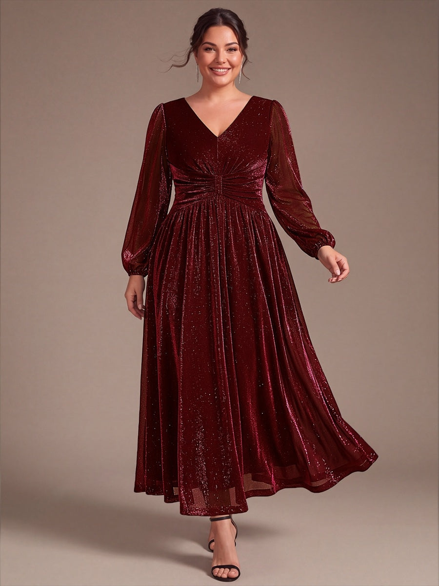 Plus Size Lurex Mesh Puff Sleeve Evening Dress #color_Burgundy