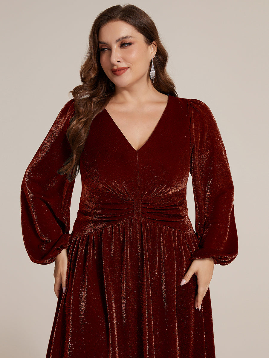 Plus Size Lurex Mesh Puff Sleeve Evening Dress #color_Burgundy