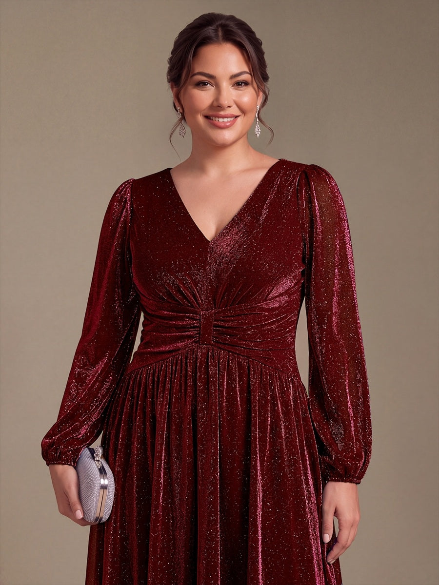 Plus Size Lurex Mesh Puff Sleeve Evening Dress #color_Burgundy