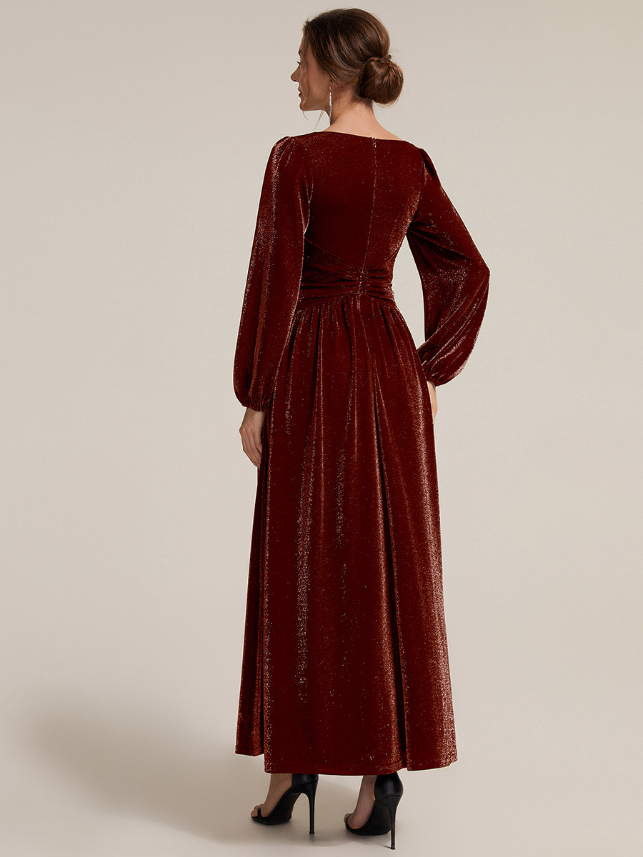 Lurex Mesh Puff Sleeve A-Line Evening Dress #color_Burgundy