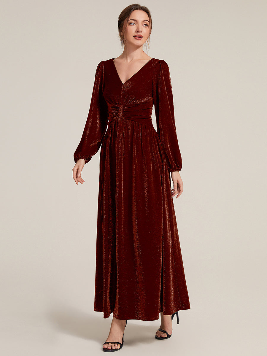 Lurex Mesh Puff Sleeve A-Line Evening Dress #color_Burgundy