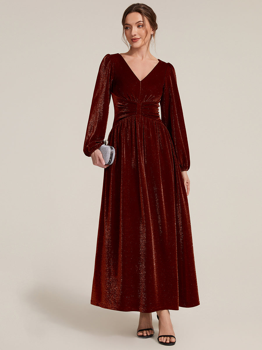 Lurex Mesh Puff Sleeve A-Line Evening Dress #color_Burgundy