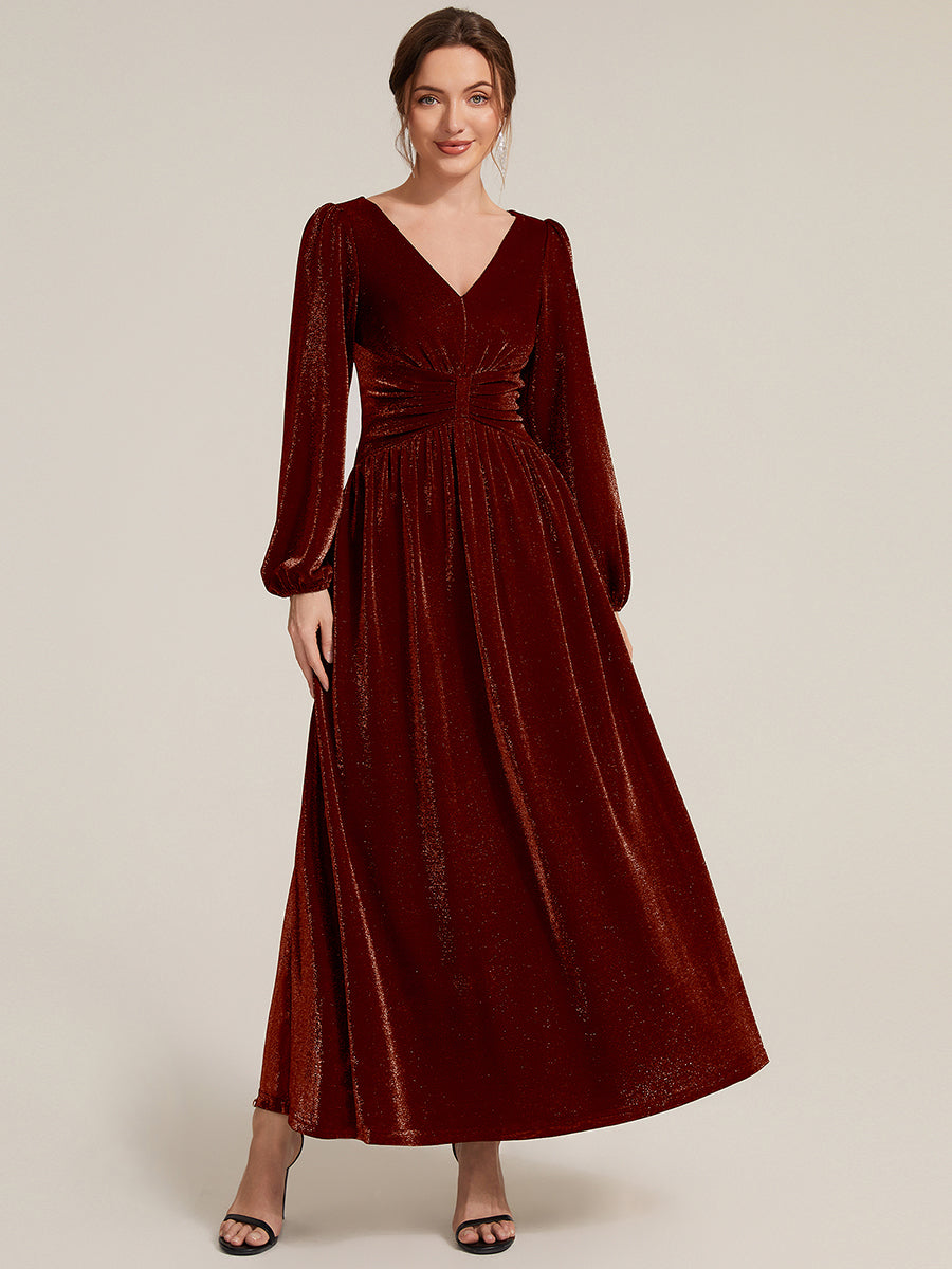 Lurex Mesh Puff Sleeve A-Line Evening Dress #color_Burgundy