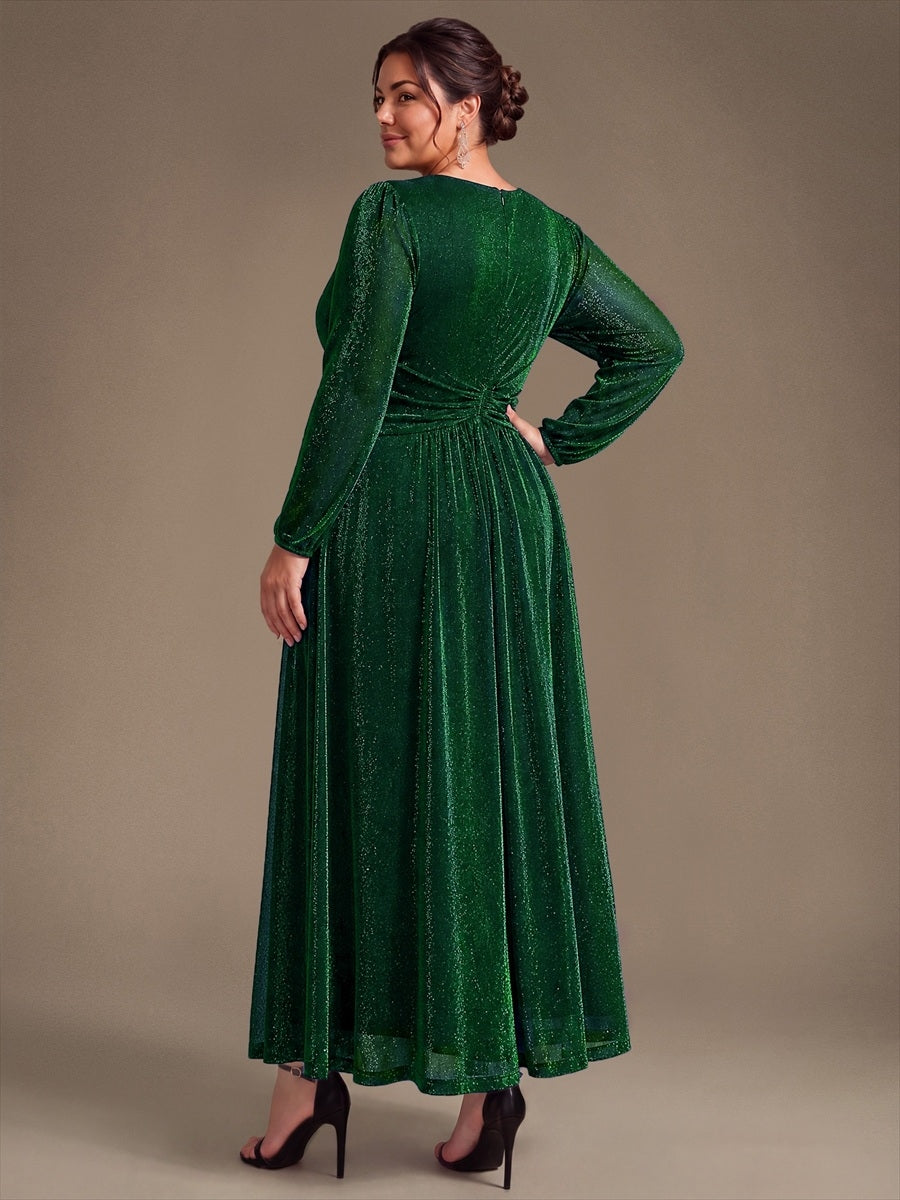 Plus Size Lurex Mesh Puff Sleeve Evening Dress #color_Dark Green