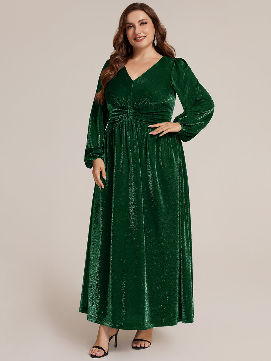 Lurex Mesh Puff Sleeve A-Line Evening Dress #color_Dark Green