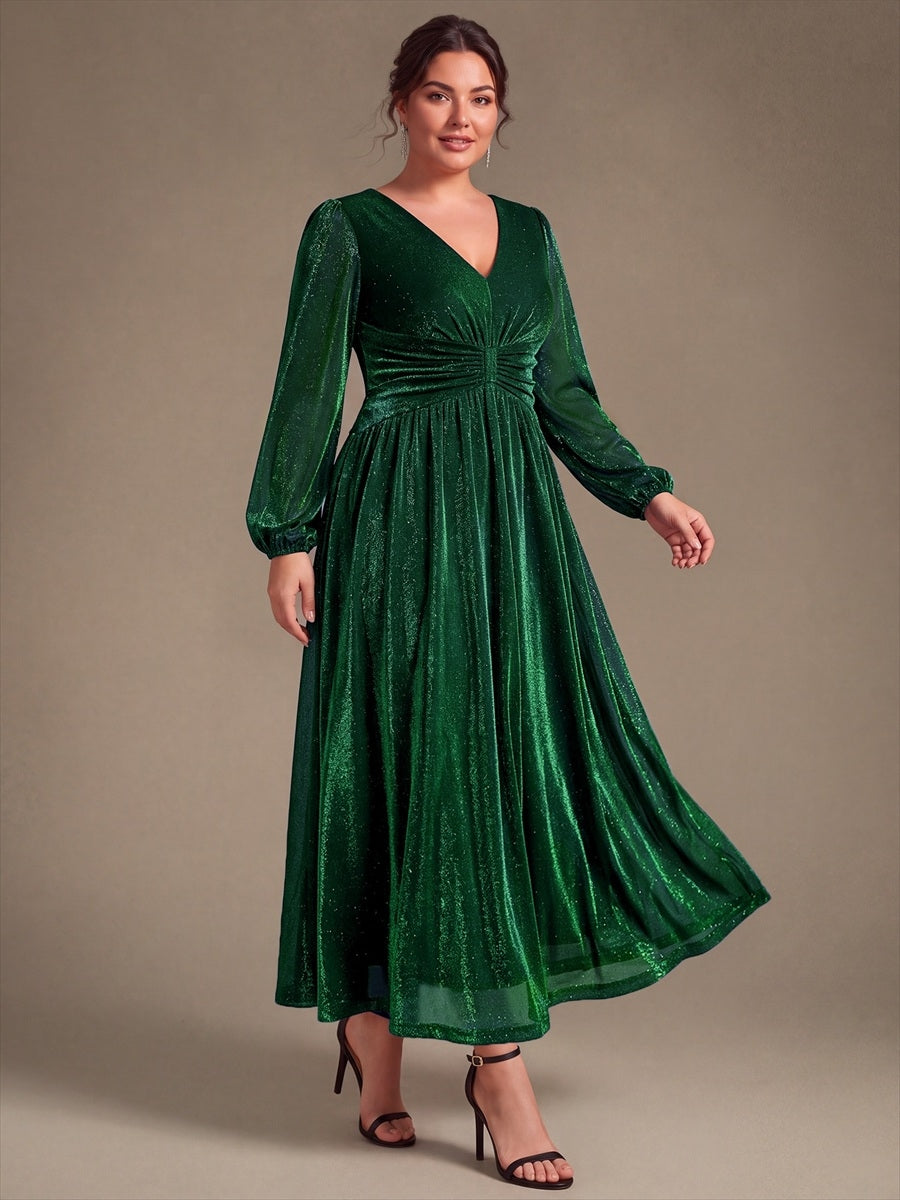 Plus Size Lurex Mesh Puff Sleeve Evening Dress #color_Dark Green