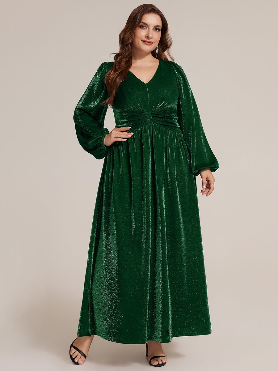 Plus Size Lurex Mesh Puff Sleeve Evening Dress #color_Dark Green