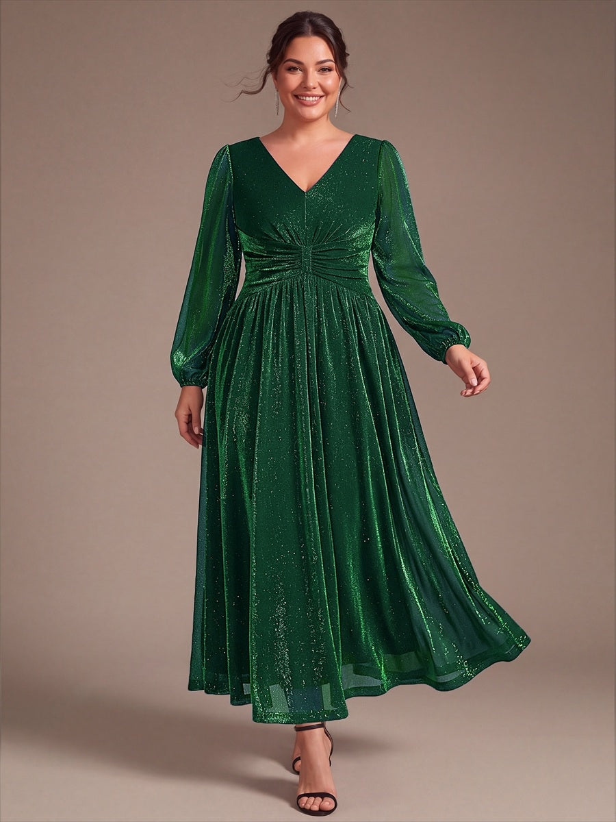 Plus Size Lurex Mesh Puff Sleeve Evening Dress #color_Dark Green