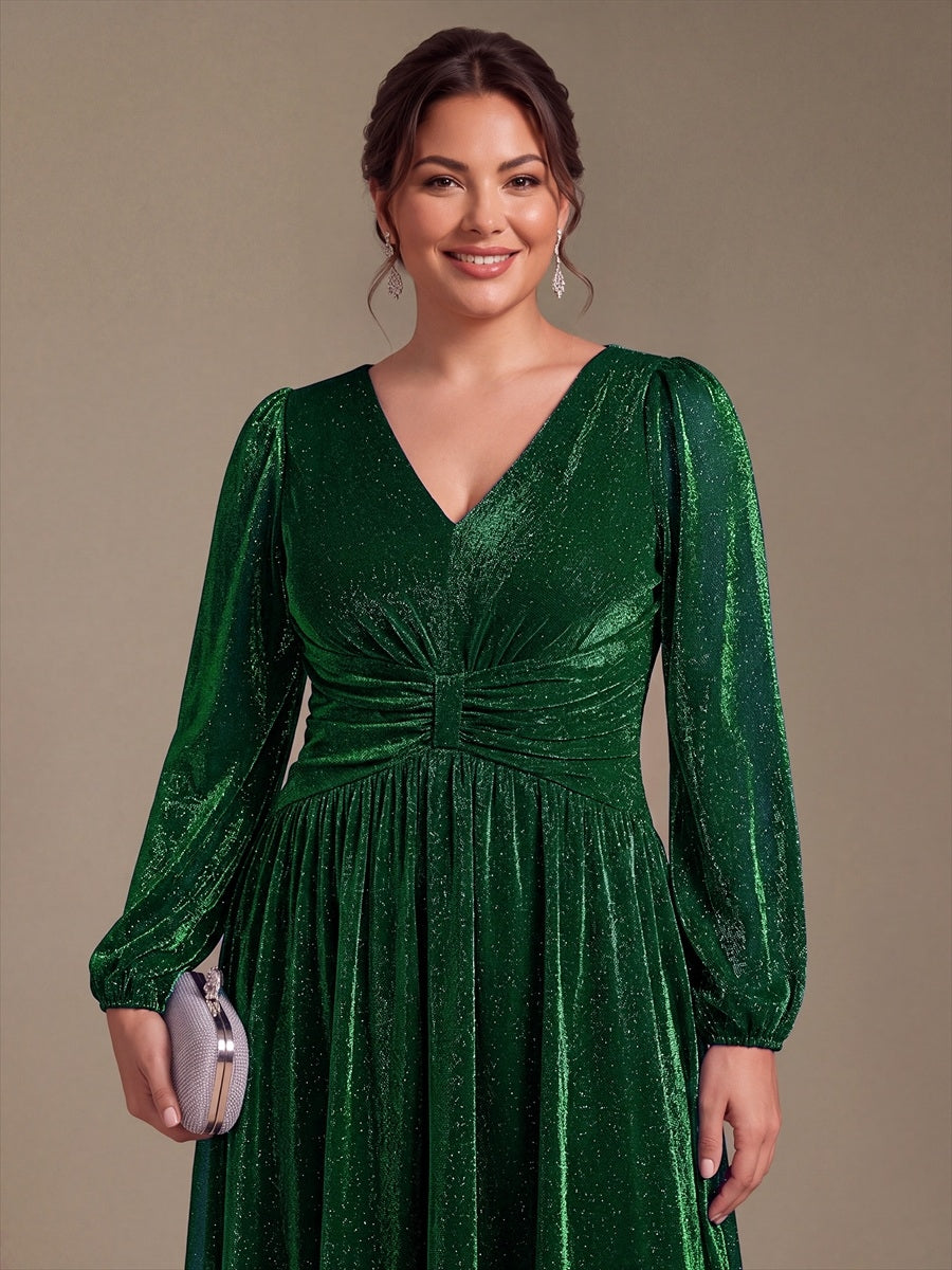 Plus Size Lurex Mesh Puff Sleeve Evening Dress #color_Dark Green