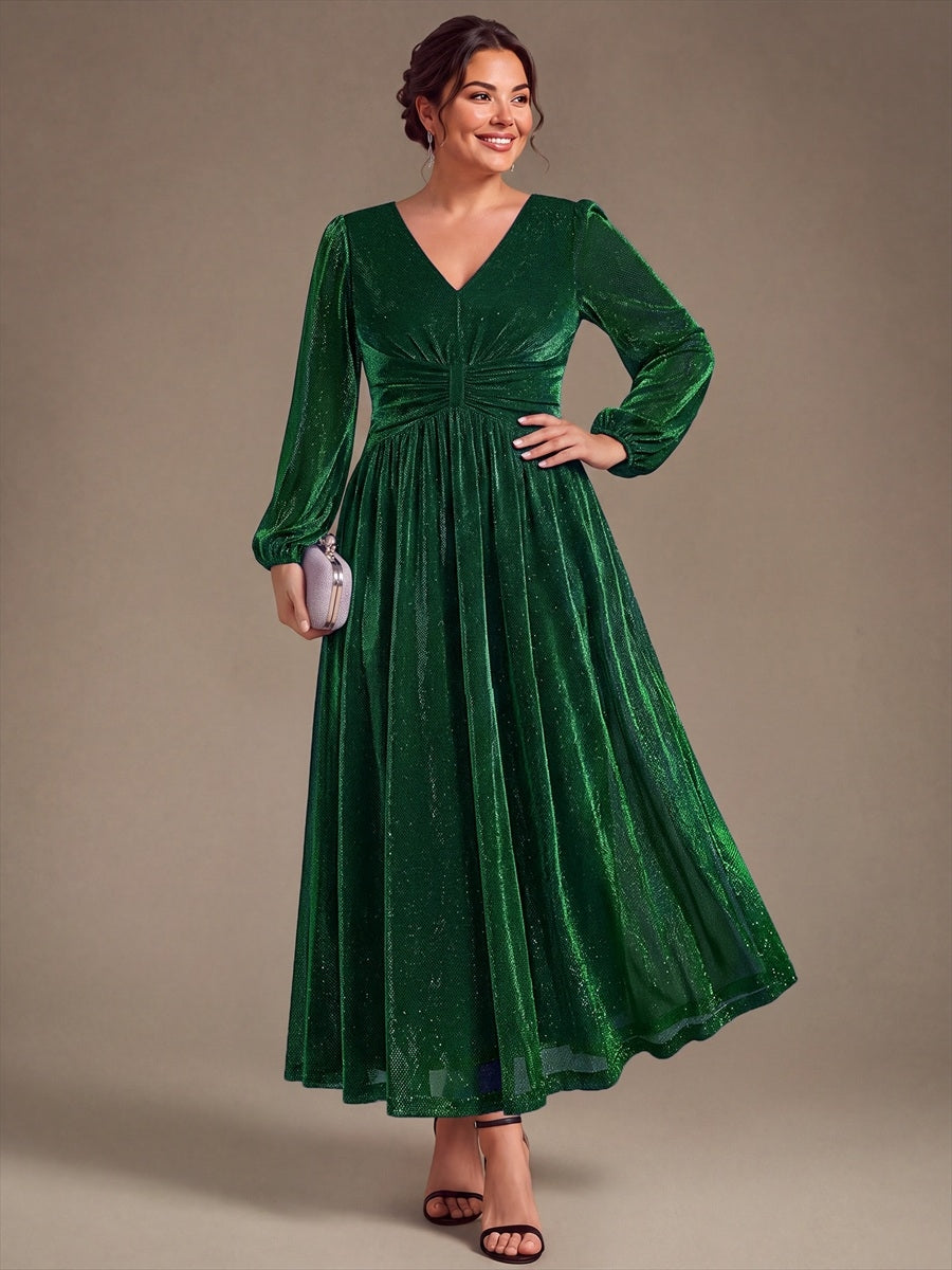 Plus Size Lurex Mesh Puff Sleeve Evening Dress #color_Dark Green