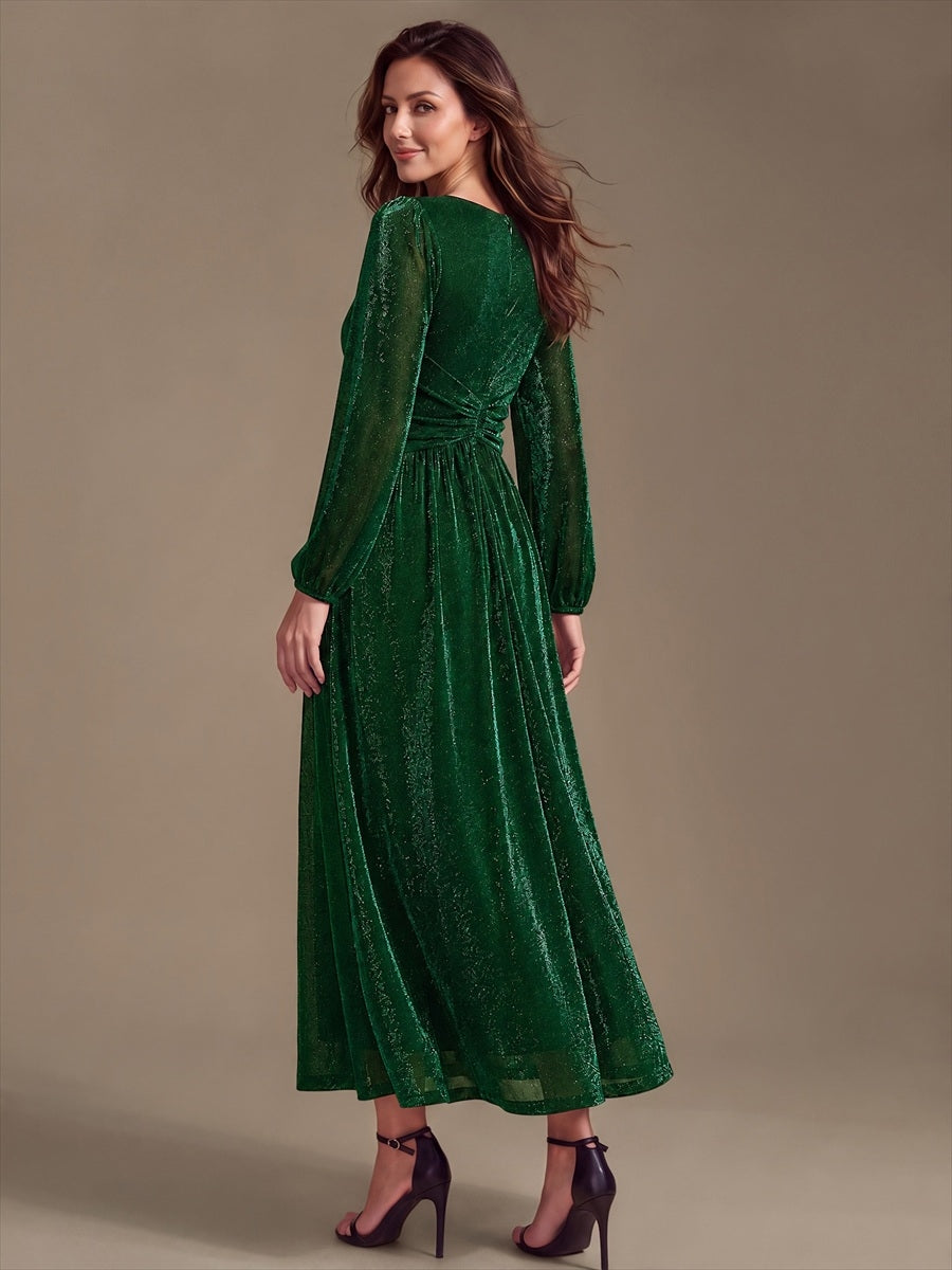 Lurex Mesh Puff Sleeve A-Line Evening Dress #color_Dark Green