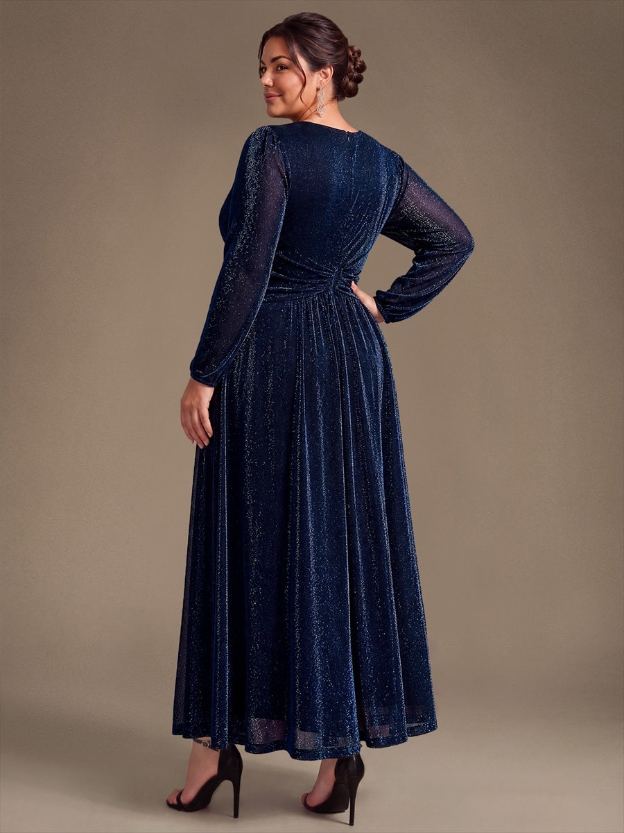 Plus Size Lurex Mesh Puff Sleeve Evening Dress #color_Navy Blue