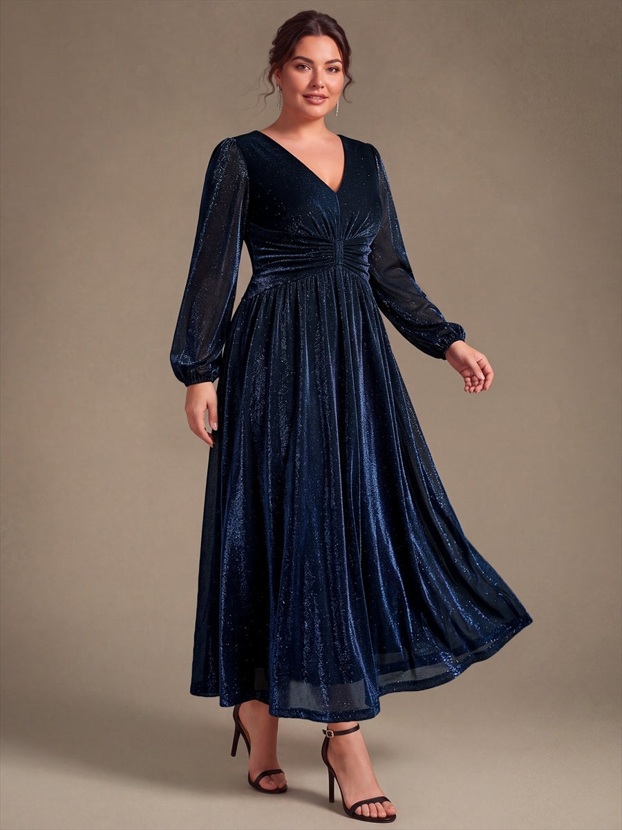Plus Size Lurex Mesh Puff Sleeve Evening Dress #color_Navy Blue