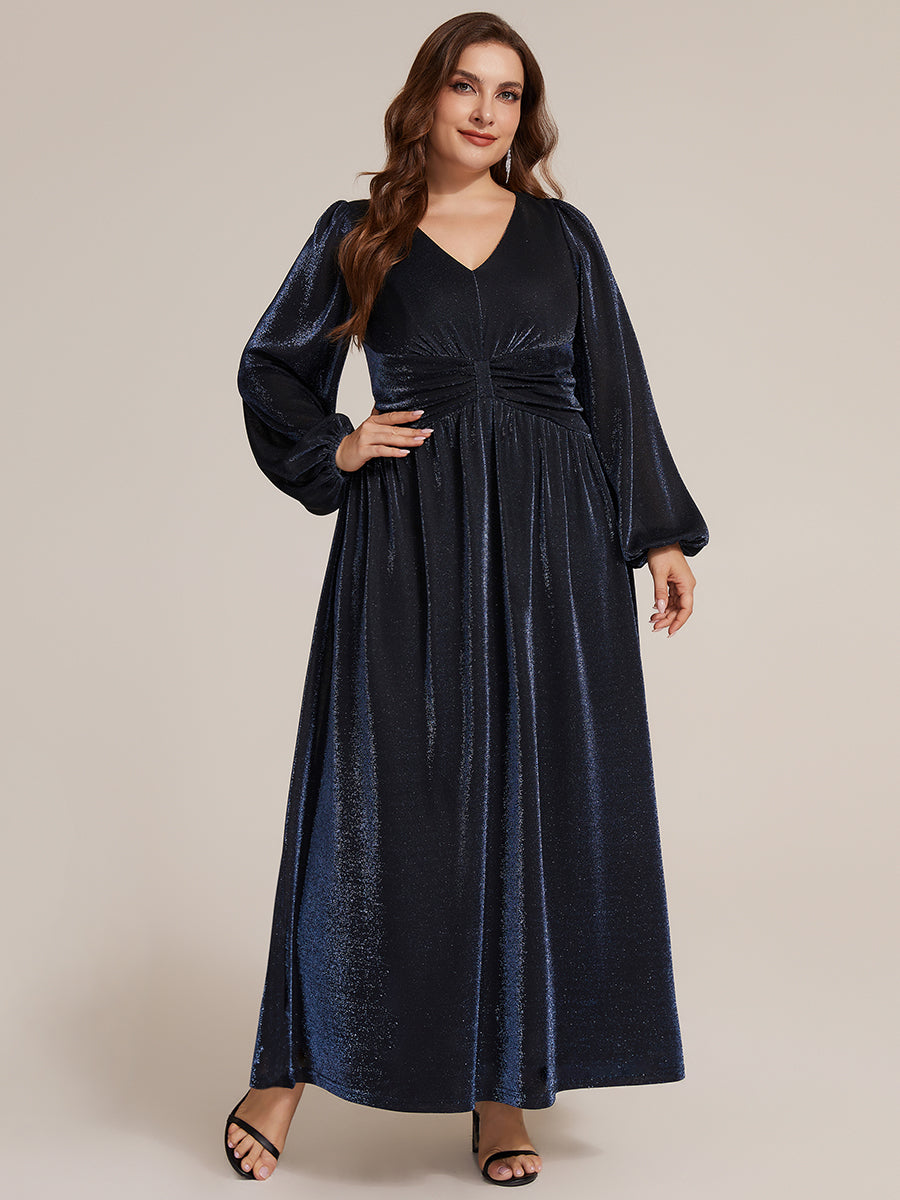 Lurex Mesh Puff Sleeve A-Line Evening Dress #color_Navy Blue