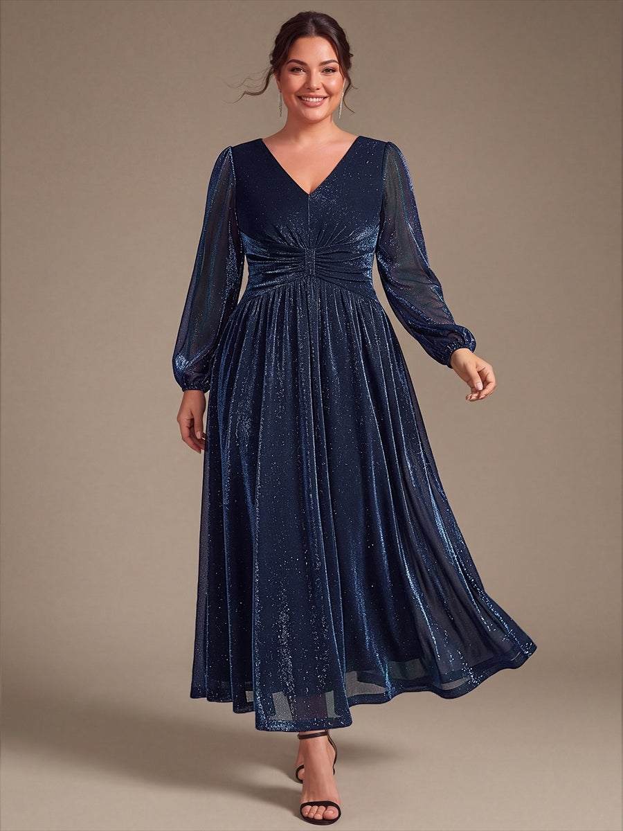 Plus Size Lurex Mesh Puff Sleeve Evening Dress #color_Navy Blue
