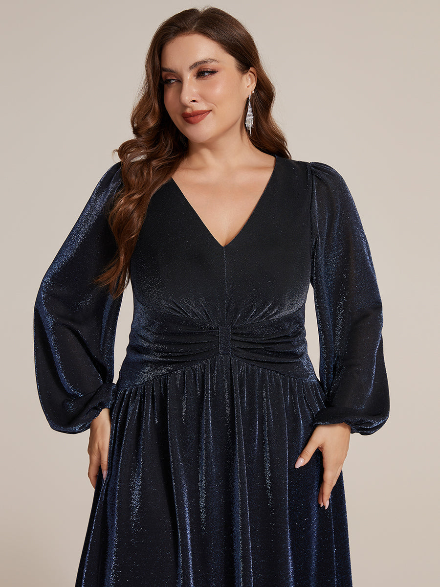 Plus Size Lurex Mesh Puff Sleeve Evening Dress #color_Navy Blue