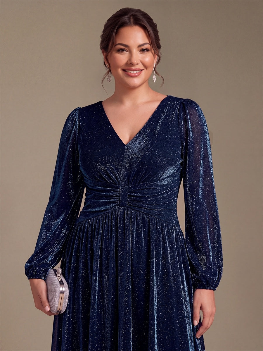 Plus Size Lurex Mesh Puff Sleeve Evening Dress #color_Navy Blue