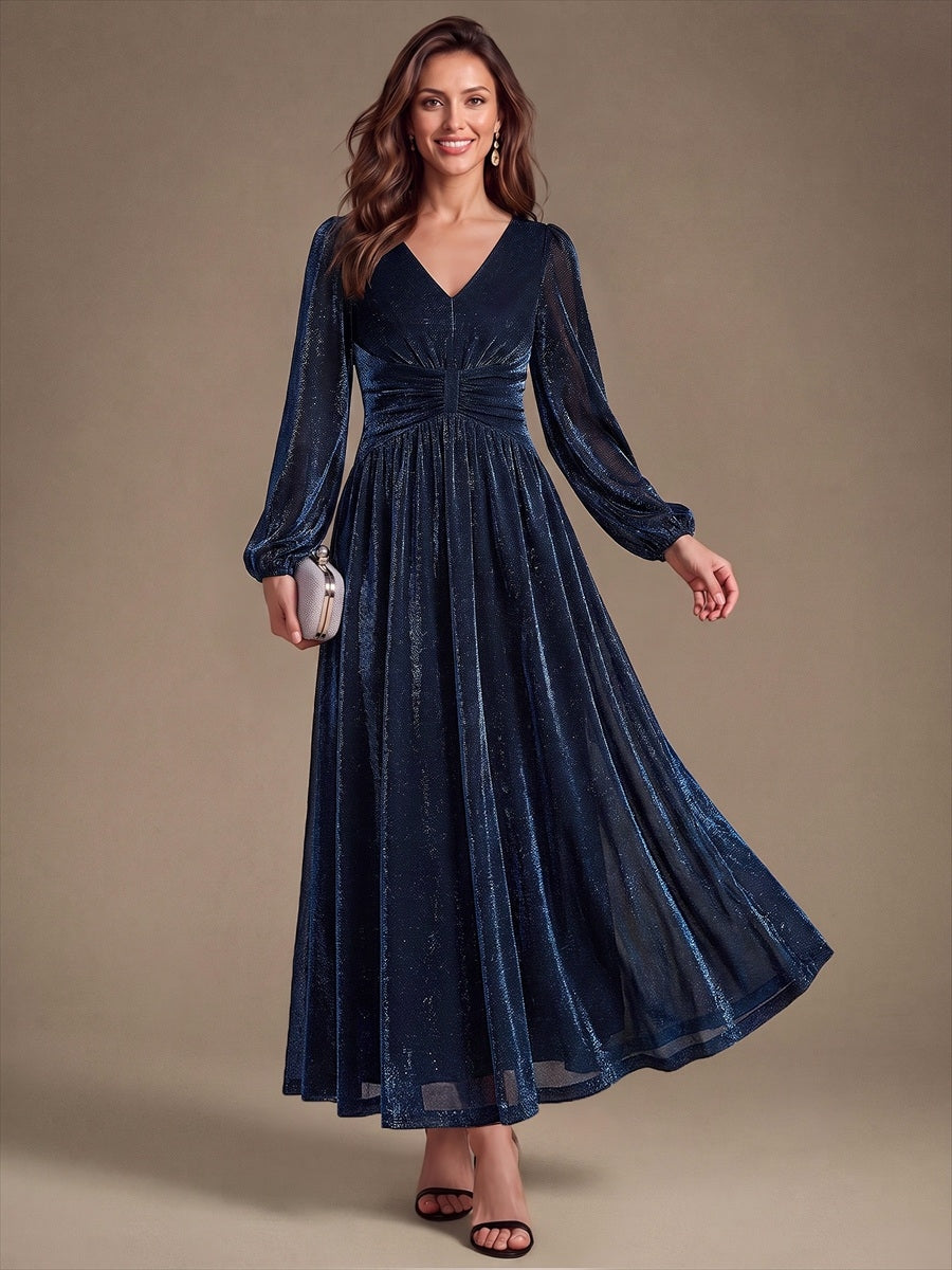 Lurex Mesh Puff Sleeve A-Line Evening Dress #color_Navy Blue