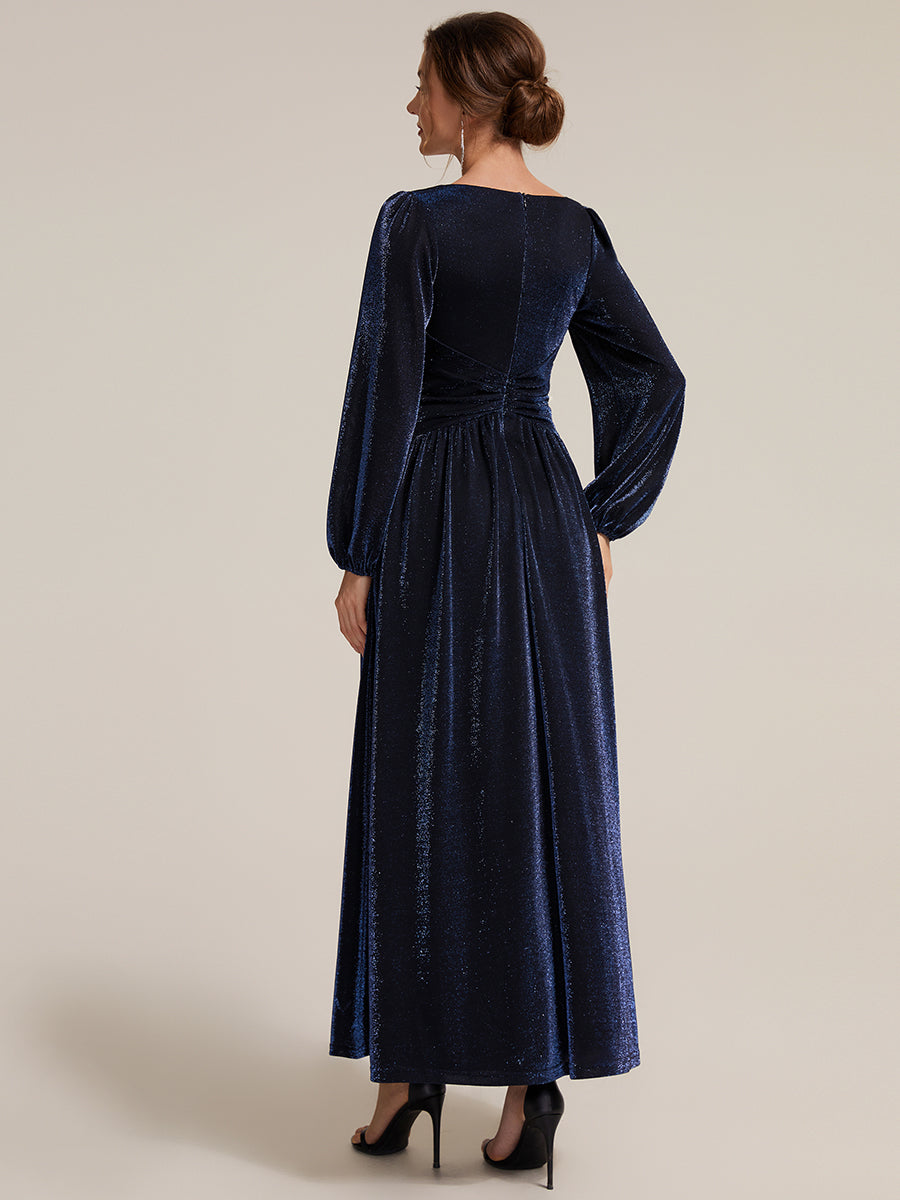 Lurex Mesh Puff Sleeve A-Line Evening Dress #color_Navy Blue