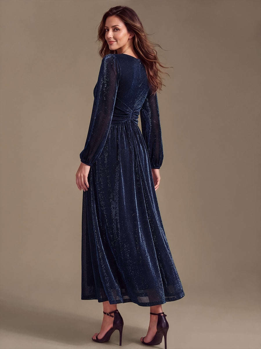 Lurex Mesh Puff Sleeve A-Line Evening Dress #color_Navy Blue