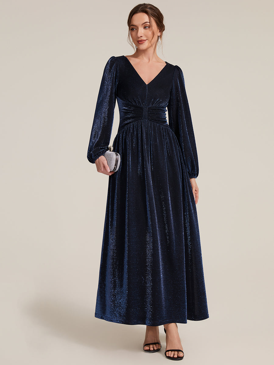 Lurex Mesh Puff Sleeve A-Line Evening Dress #color_Navy Blue
