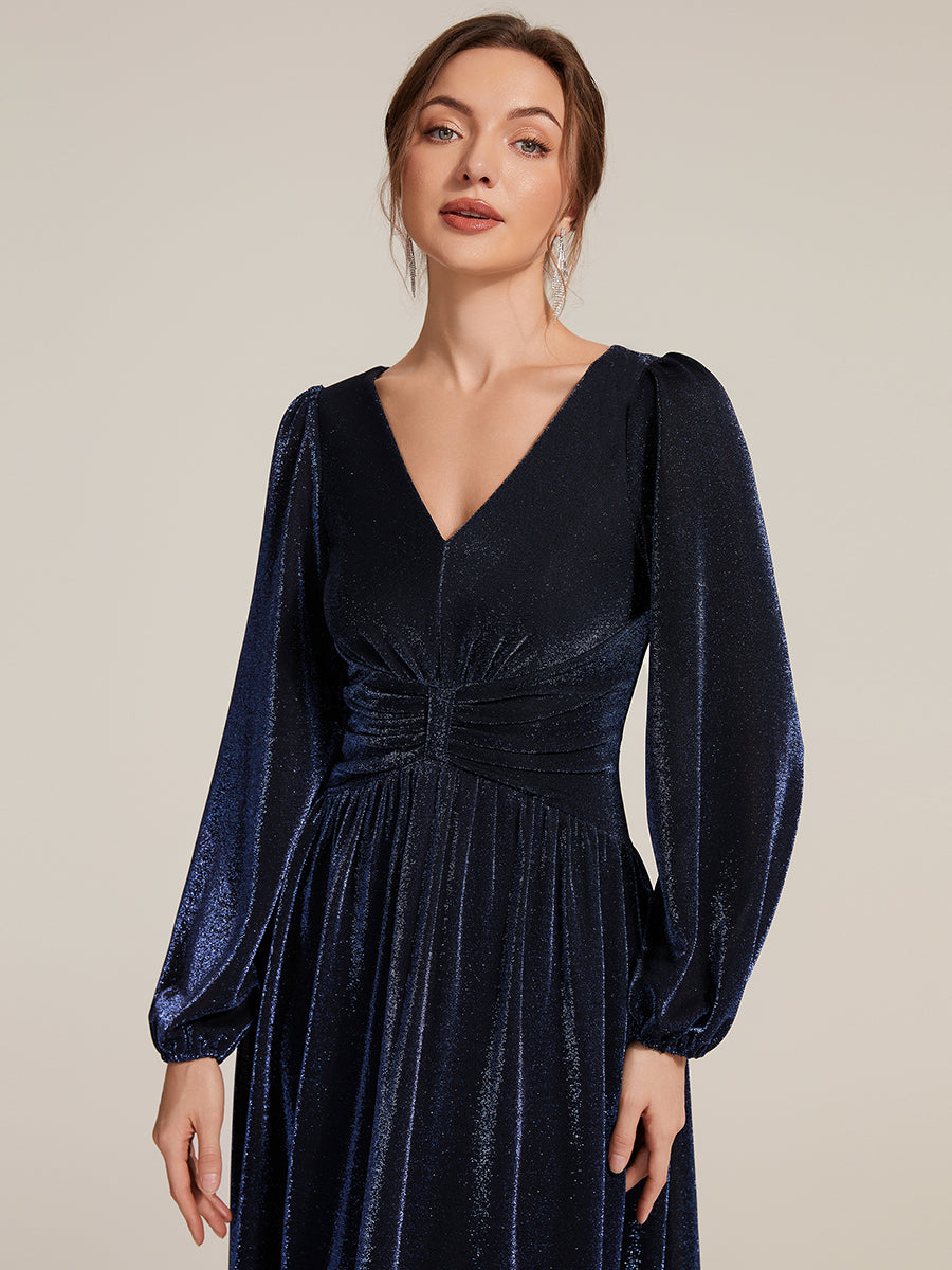 Lurex Mesh Puff Sleeve A-Line Evening Dress #color_Navy Blue