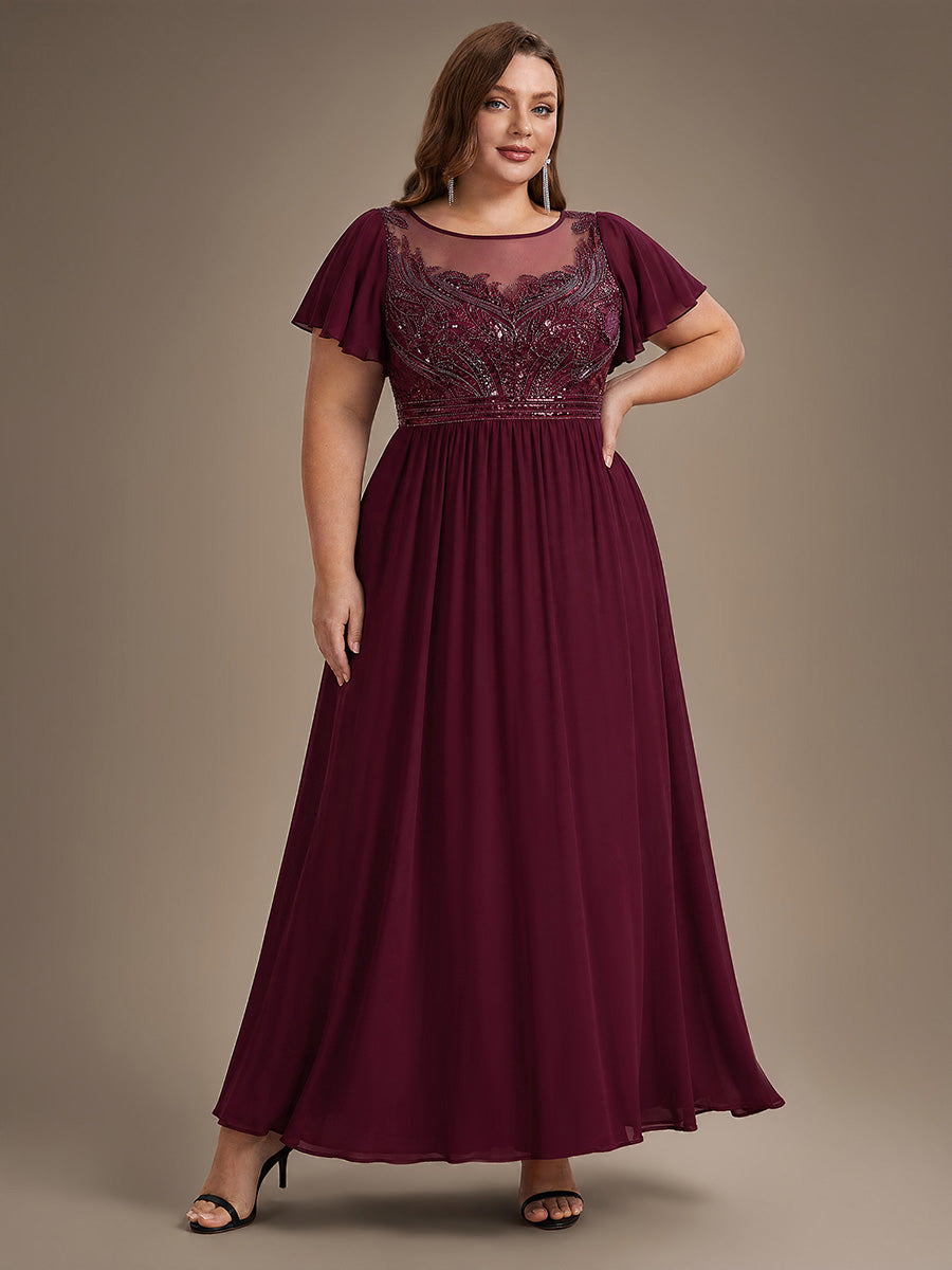 Sequin Tulle Ruffle Sleeve Evening Dress #color_Burgundy