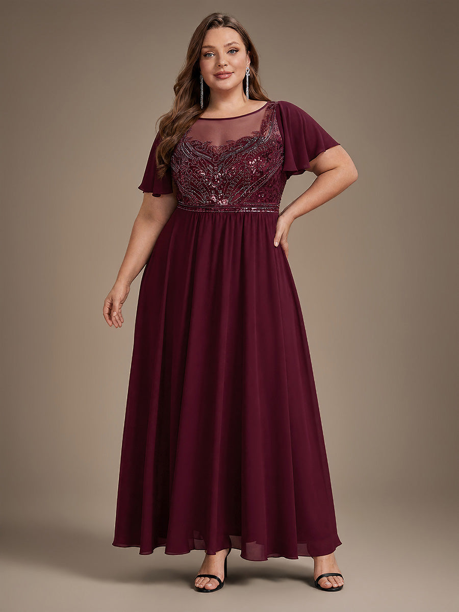 Sequin Tulle Ruffle Sleeve Evening Dress #color_Burgundy