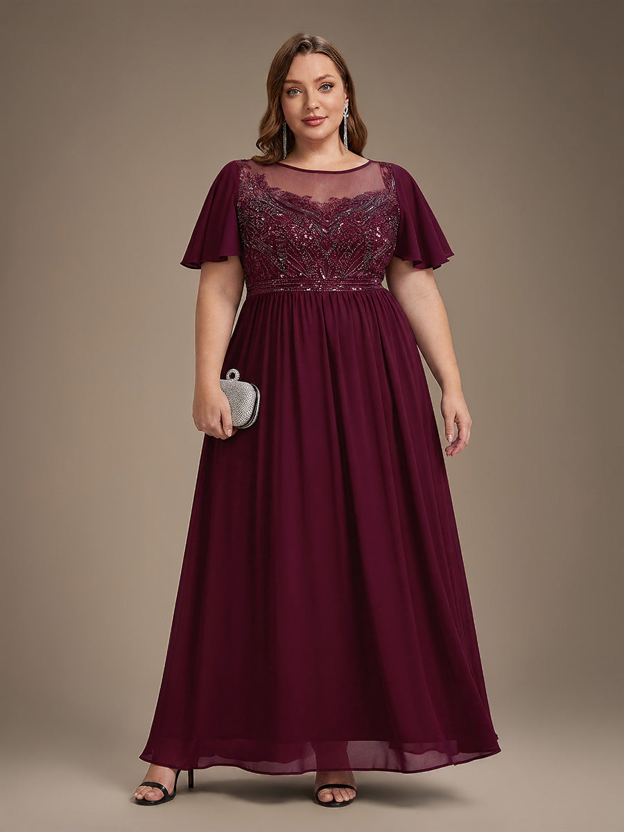 Sequin Tulle Ruffle Sleeve Evening Dress #color_Burgundy