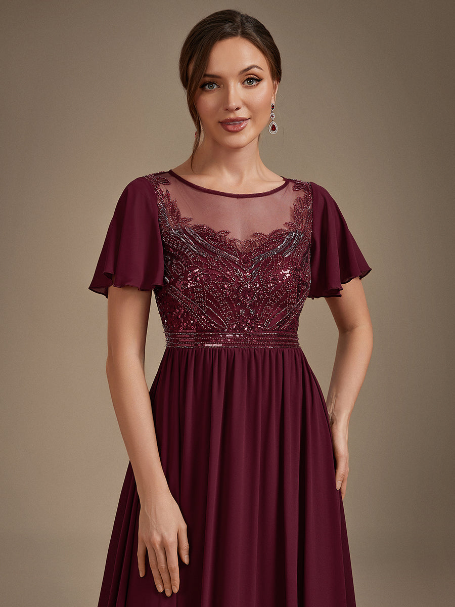 Sequin Tulle Ruffle Sleeve Evening Dress #color_Burgundy