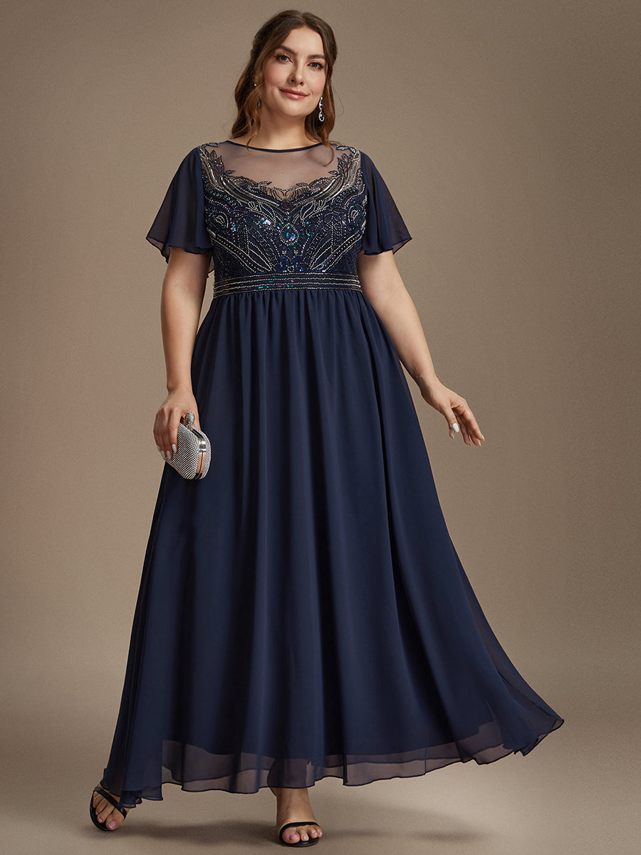 Sequin Tulle Ruffle Sleeve Evening Dress #color_Navy Blue