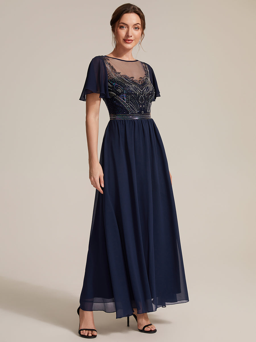 Sequin Tulle Ruffle Sleeve Evening Dress #color_Navy Blue