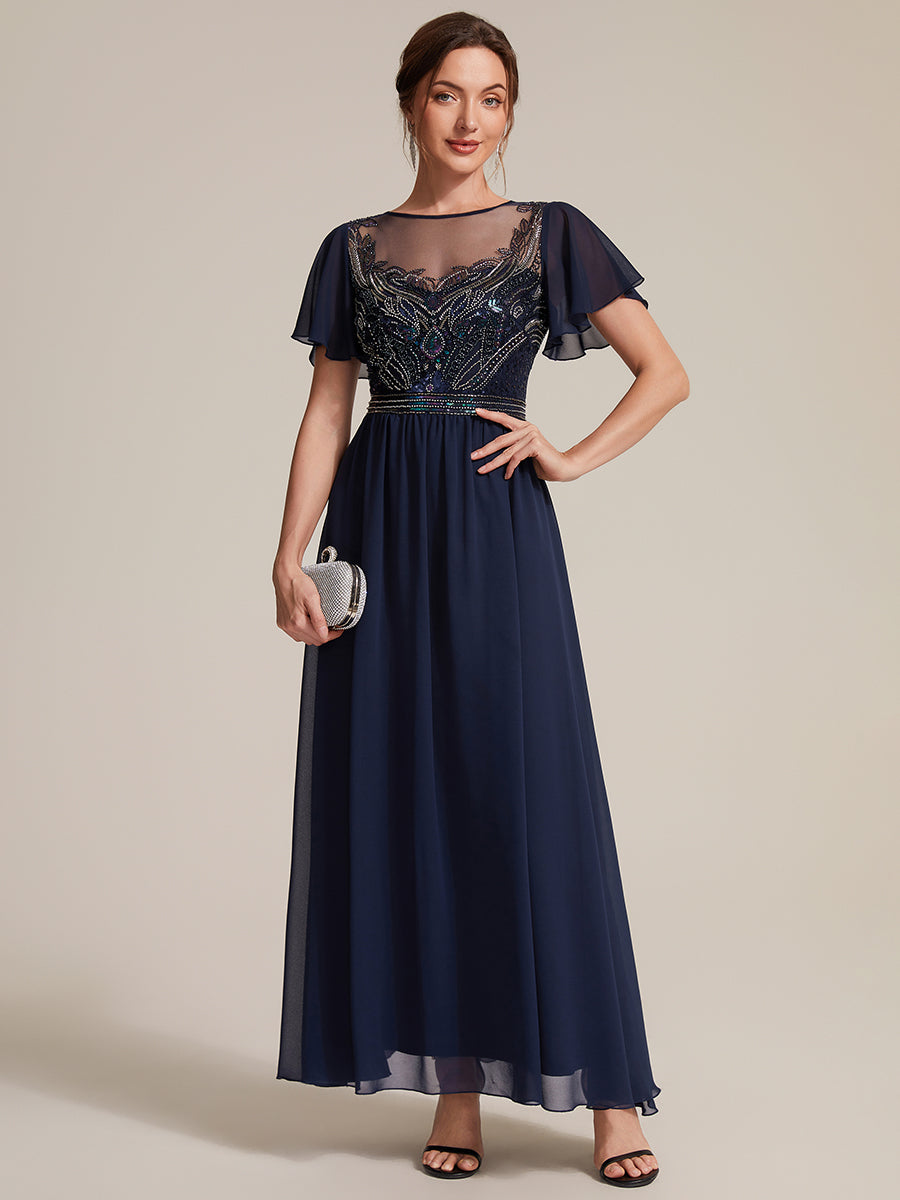 Sequin Tulle Ruffle Sleeve Evening Dress #color_Navy Blue