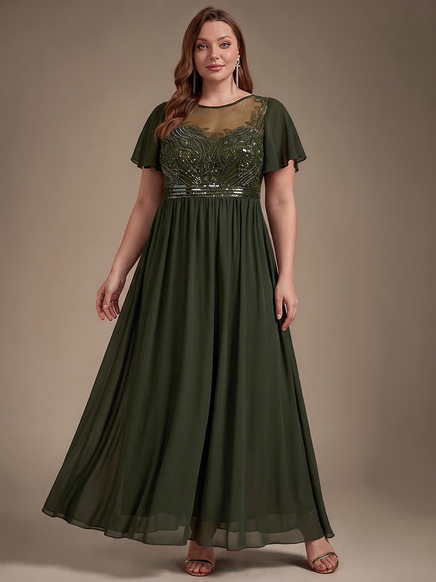 Sequin Tulle Ruffle Sleeve Evening Dress #color_Olive Green