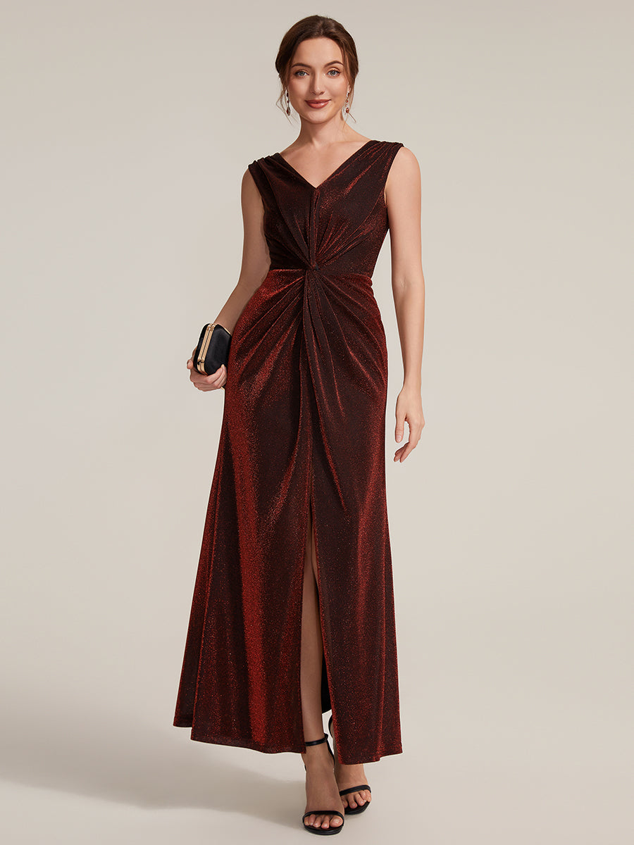 Slit Lurex Mesh Sleeveless Evening Dress #color_Burgundy