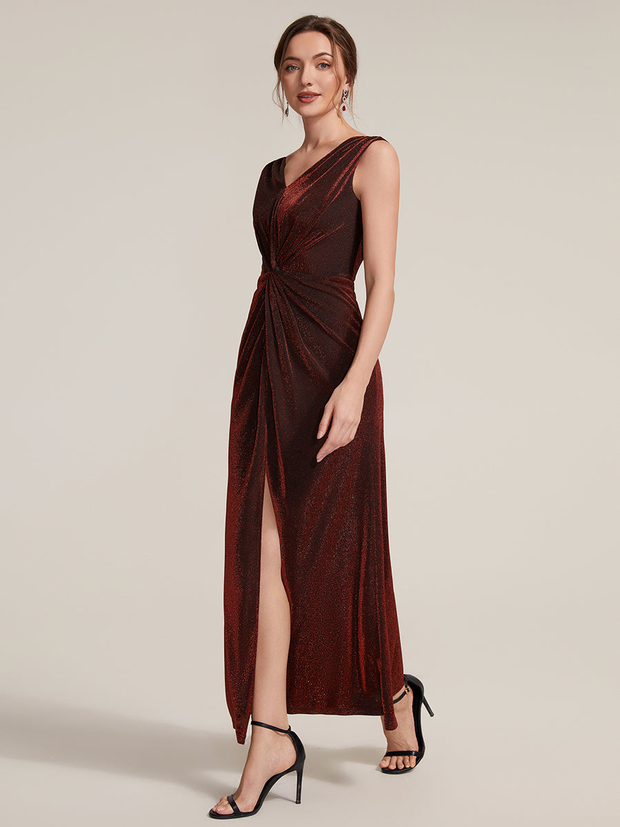 Slit Lurex Mesh Sleeveless Evening Dress #color_Burgundy