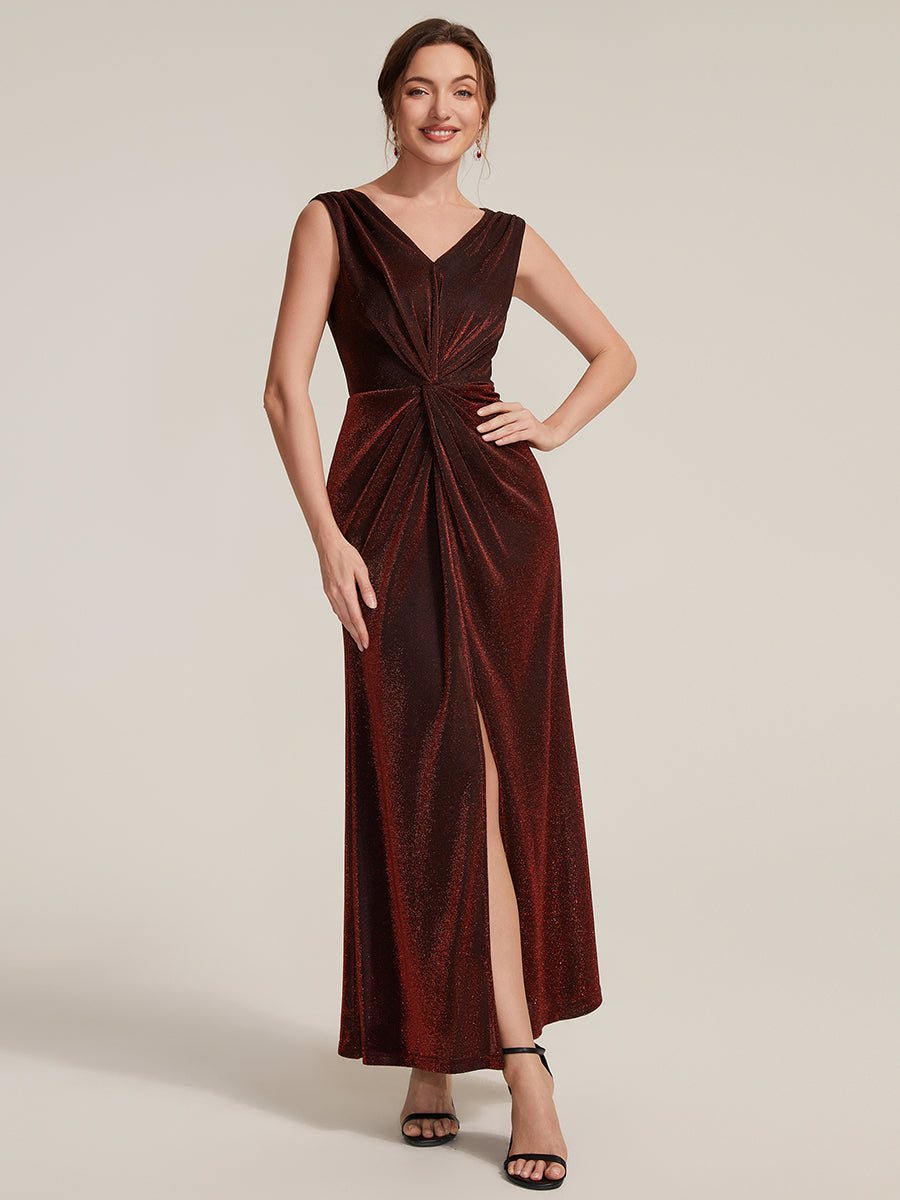 Slit Lurex Mesh Sleeveless Evening Dress #color_Burgundy