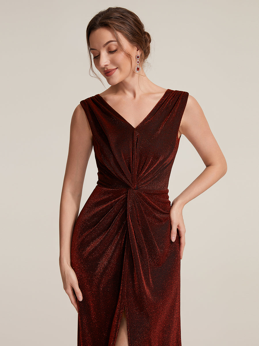 Slit Lurex Mesh Sleeveless Evening Dress #color_Burgundy
