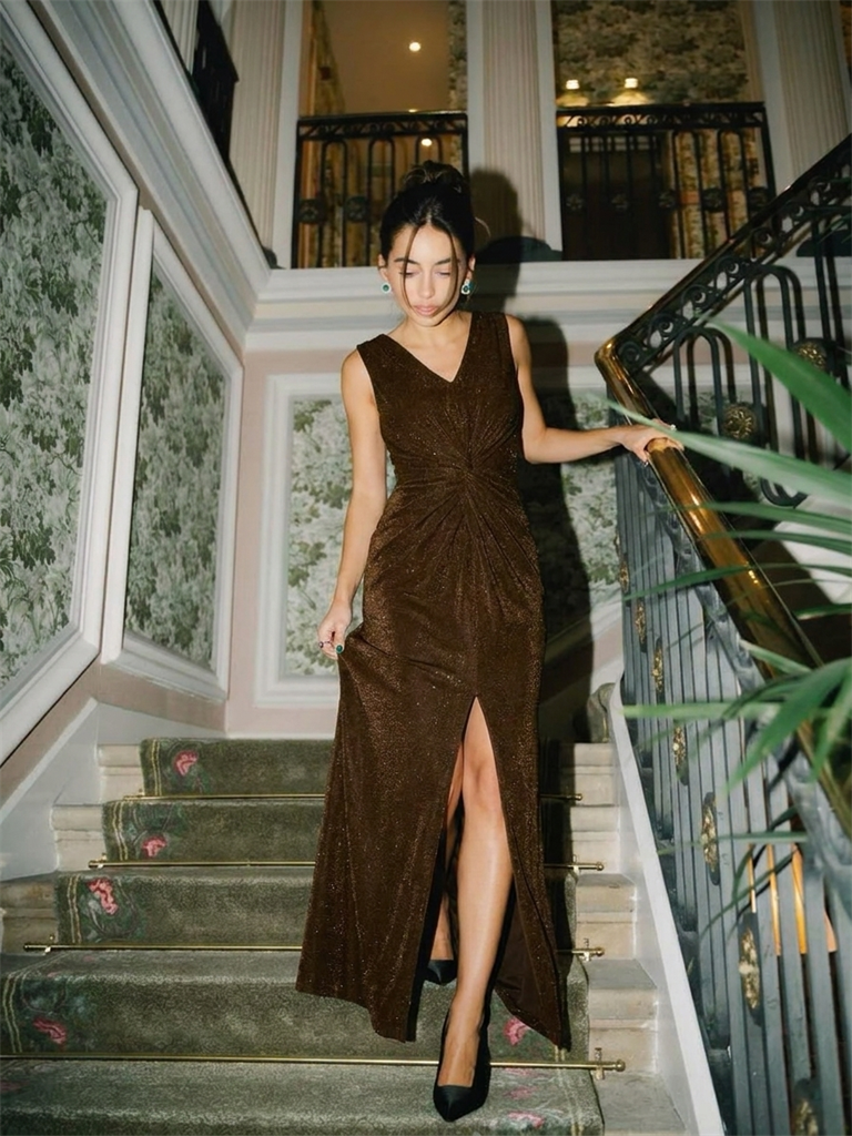 Slit Lurex Mesh Sleeveless Evening Dress #color_Brown