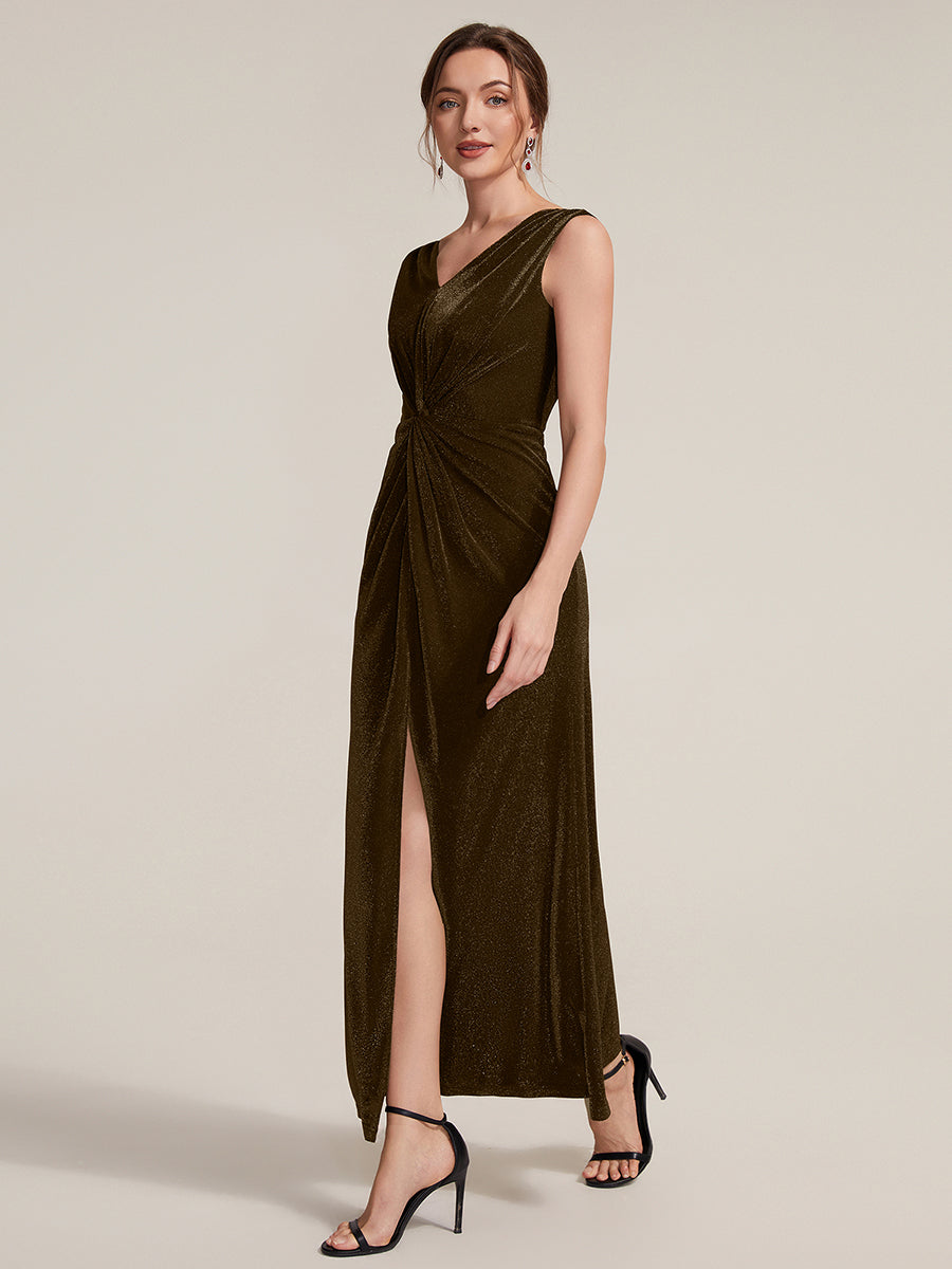 Slit Lurex Mesh Sleeveless Evening Dress #color_Brown