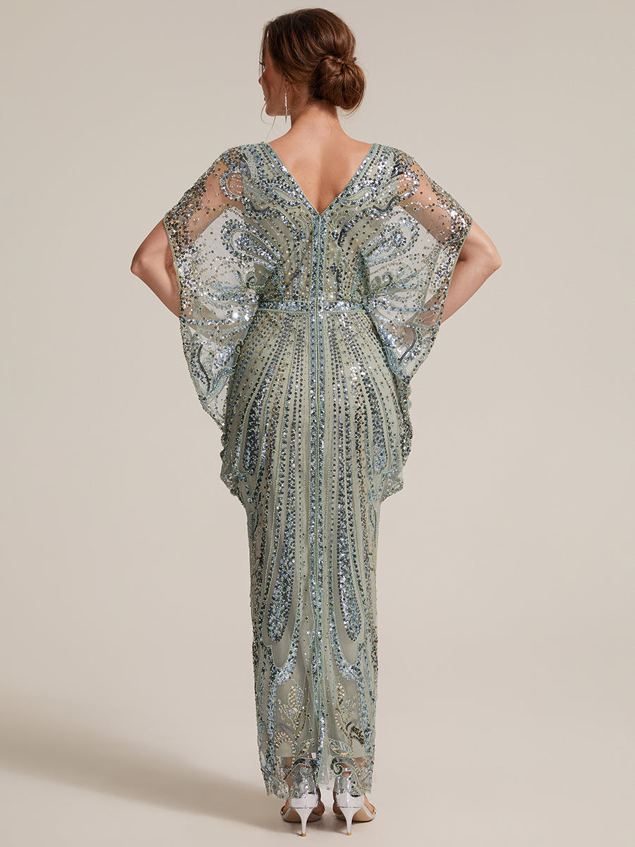 Beading Tulle Batwing Sleeve Evening Dress #color_Mint Green