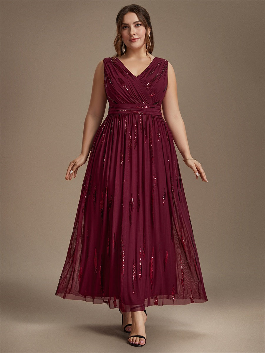 Tulle Sequin Sleeveless A-Line Evening Dress #color_Burgundy