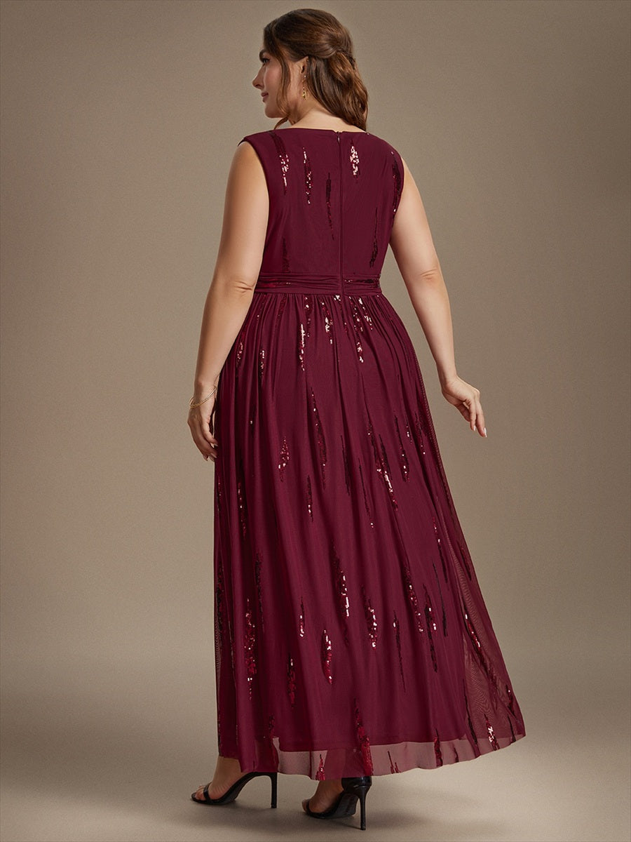Tulle Sequin Sleeveless A-Line Evening Dress #color_Burgundy
