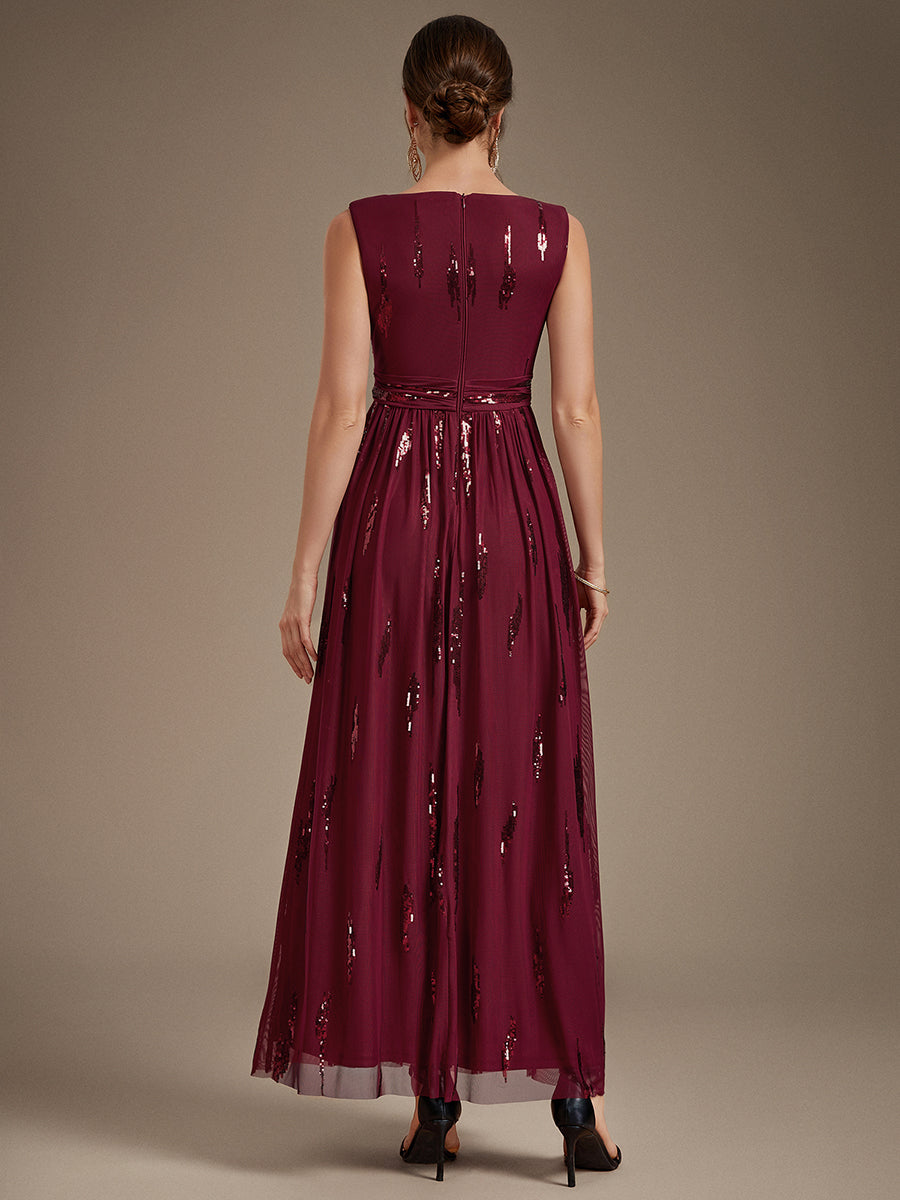 Tulle Sequin Sleeveless A-Line Evening Dress #color_Burgundy