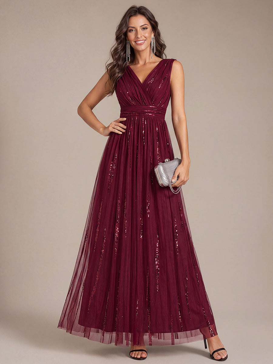 Tulle Sequin Sleeveless A-Line Evening Dress #color_Burgundy