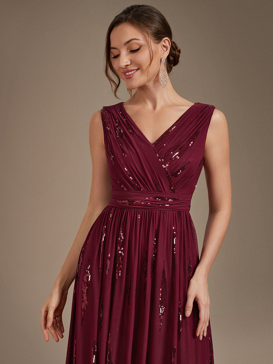 Tulle Sequin Sleeveless A-Line Evening Dress #color_Burgundy