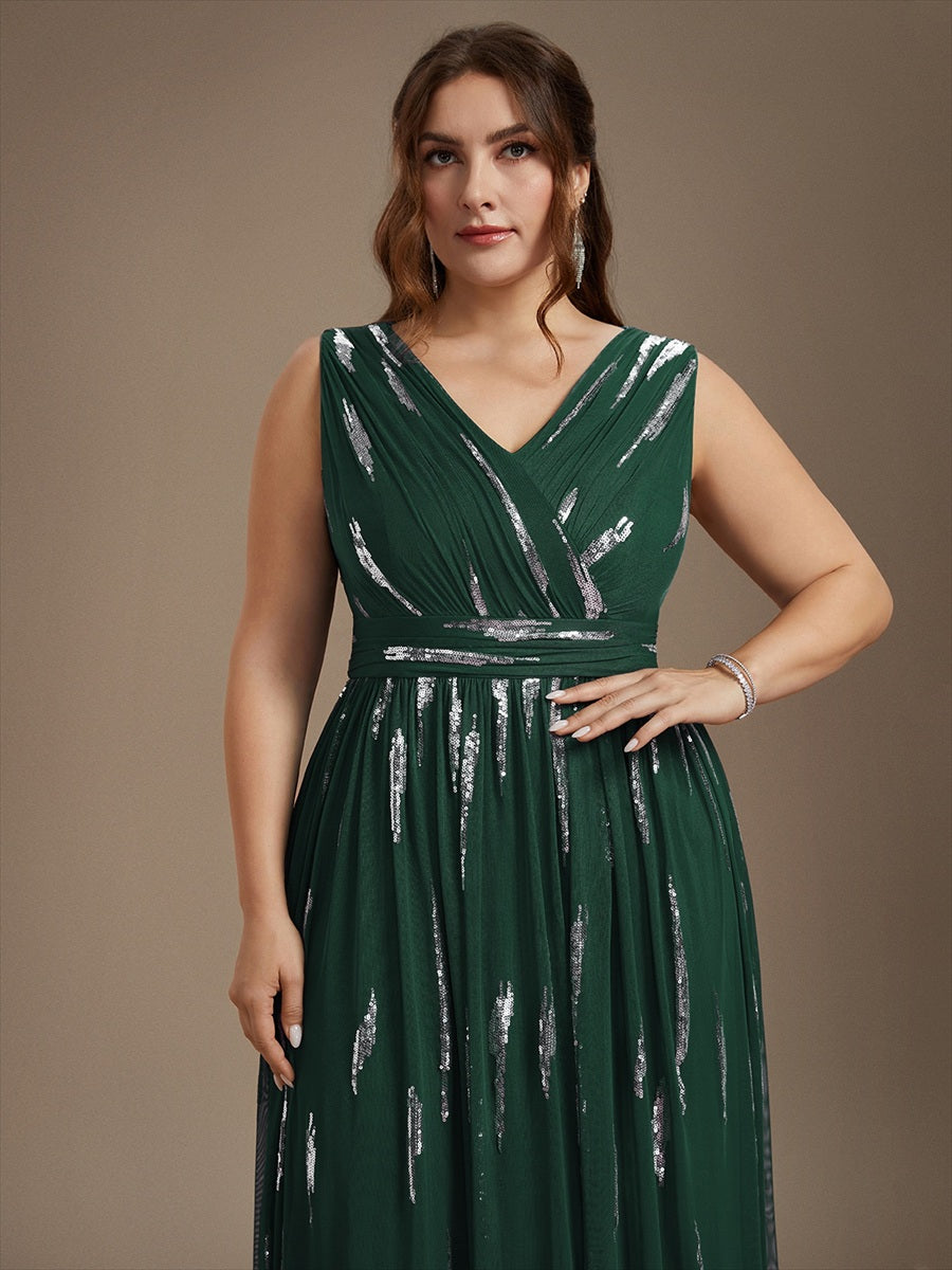 Plus Size Tulle Sleeveless Evening Dress #color_Dark Green