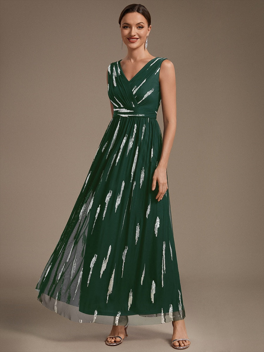 Tulle Sequin Sleeveless A-Line Evening Dress #color_Dark Green