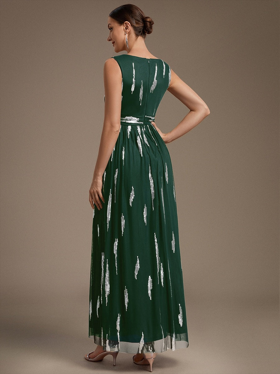 Tulle Sequin Sleeveless A-Line Evening Dress #color_Dark Green